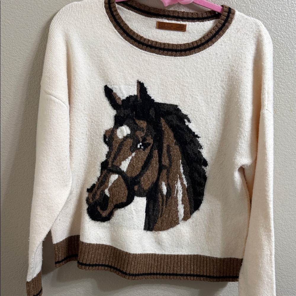 Belldini Cream and Brown Horse Design Sweater - Picture 2 of 6